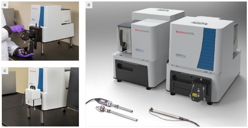 A) A view of the DXR3 Flex Raman Spectrometer with labelled features. B) The microscope sampling accessory. C) The macro sampling accessory. D) The fiber probe sampling accessory.
