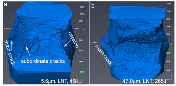 This figure displays 3D fracture surface morphology using micro-computed tomography of fine- and coarse-grained samples.