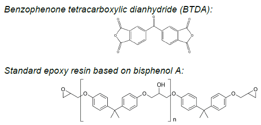 Chemical structures of 3,3’,4.4’-benzophenone tetracarboxylic dianhydride (BTDA) and simple epoxy resins based on bisphenol A.