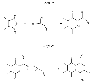 A simplified two-step cure mechanism for the esterification reaction between epoxides and anhydride groups which leads to crosslinking.