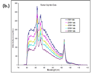 DVS water sorption/desorption results (a.) and in-situ Raman spectra (b.) for MCC at 25 °C.
