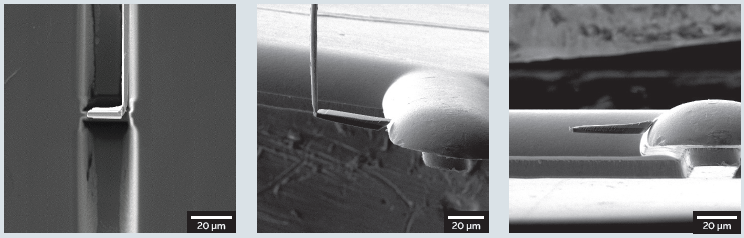 TEM lamella lifted out (left), rotated by 100° (middle), and attached in single step using TESCAN OptiLift™ which facilitates a unique lift out geometry