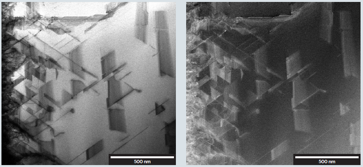 Stacking faults at the interface revealed using the HADF STEM detector in FIB-SEM