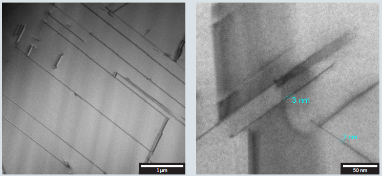 Detailed image of stacking faults at the interface acquired by the HADF R-STEM detector in FIB-SEM.