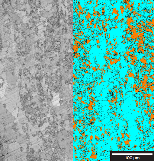 The large area of 500 µm x 500 µm EBSD map from the surface polished by Low Angle Polishing method shows band contrast image (left) and phase distribution map (right).