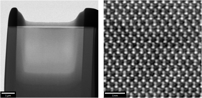 (Left) TEM image of silicon sample prepared by FIB-SEM. (Right) HAADF TEM image of Si sample showing dumbbell structure in crystallographic orientation