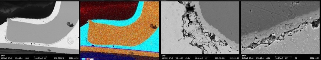 (left) BSE image and EDS map of solder of an SMD component. (right) Cracks in the solder layer and in the intermetallic phase visible in SE and BSE images