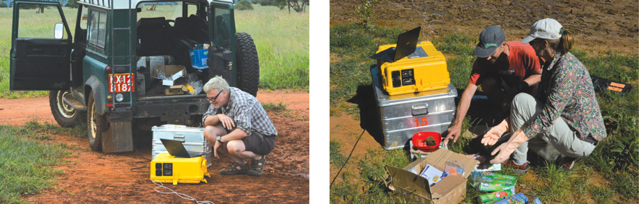 Scientists collecting flux measurements with OA-ICOS portable N2O/CH4 analyzer.