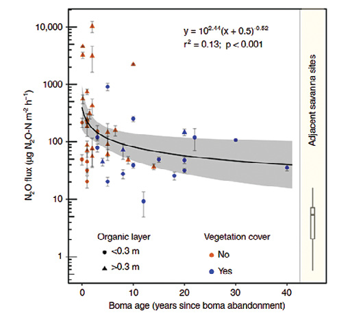 Exponential cumulative decline of N2O fluxes for a 40-year period following boma abandonment