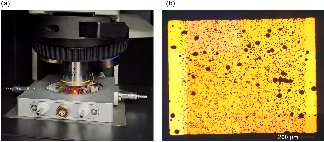 (a) Electrical probe stage fitted on the RMS1000. (b) Widefield view of electroluminescent OLED pixel through the microscope