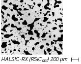 HALSIC-RX recrystallized and doped SiC matrix of a supporting beam after approx. 2000 cycles in a porcelain fast-firing application (1420°C, 5 – 7 h cold-cold): completely intact SiC matrix with rounded pores.