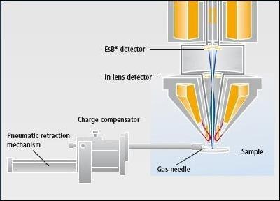 Fast change between local charge compensation and high vacuum operation is guaranteed by a simple pneumatic retraction mechanism for the gas injection system. All detectors can be used under both conditions.