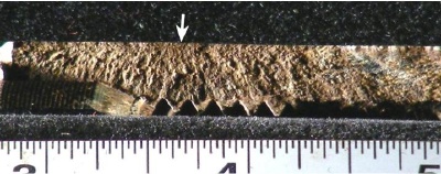 Typical crack surface, with an arrow indicating a crack origin.