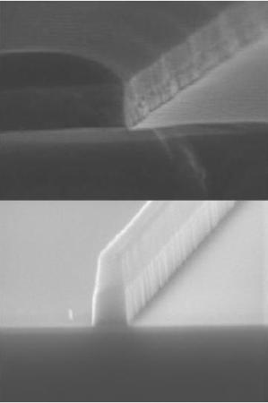 SEM photographs of RIE-etched p-doped polysilicon structures (2 µm etch depth) using HBr.