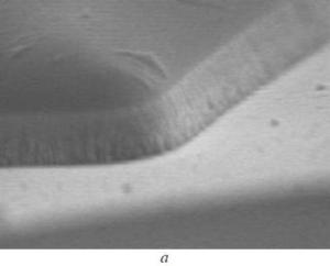 SEM photographs of RIE-etched p-doped polysilicon structures using HBr/Cl2 mixture. a. Overetch for two minutes.  b. Overetch for six minutes