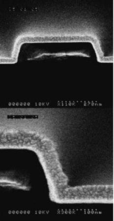 (Right) SEM images of cross section of 50 nm ICP–CVD SiN deposited at 22°C on 150 nm metal with good step coverage.