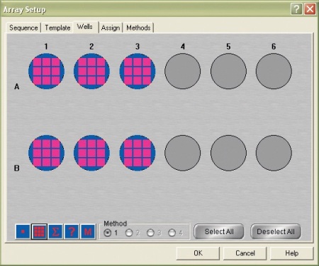 Array Automation set-up window showing the template for a 12-spot slide, the 6 spots on the left side of the slide (A1-A3 and B1-B3) have been selected for a multi-spectrum grid collection
