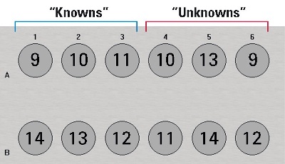 Showing the layout of microRNA samples, samples designated as knowns are on the left side, and samples designated as unknowns are on the right side, spots are labeled with the particular microRNA sample number