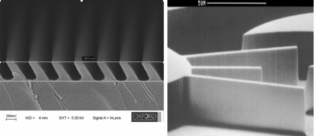Left 300 nm blazed grating etch in quartz, 5 µm deep anisotropic quartz