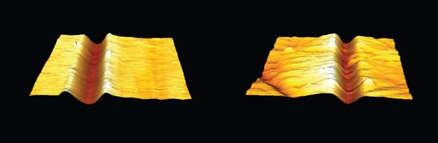 3D AFM images of scratches on sample 1 (a) and sample 2 (b) at a scan size of 25 µm x 25 µm.