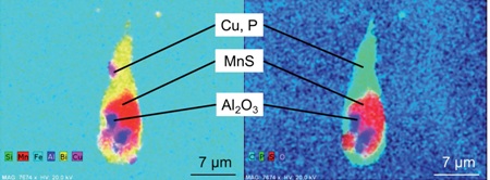 EDS mapping of the conspicuous mixed inclusion shown in Fig. 2 (left most particle). The core of the inclusion consists of the "typical" inclusion types MnS (red) and Al2O3 (blue) whereas the surrounding bright phase contains the elements Bi (yellow), Cu (pink) and P (green).