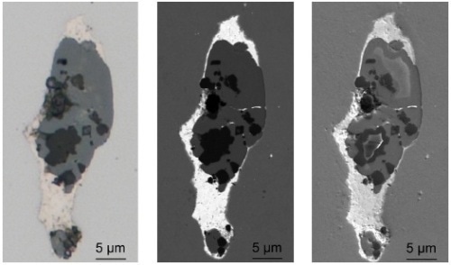 Brightfield image in LM (left) as well as BSE (center) and SE (right) images in SEM of the conspicuous mixed inclusion shown in Fig. 1. Images were acquired using the CLEM technique with the "Shuttle & Find" module.