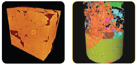 A carbonate rock sample imaged on the VersaXRM-500 with 360 nm voxel size (left) and UltraXRM-L200 with 65 nm voxel size (right). In the UltraXRM result, the solid phase is rendered with a green color (bottom) and is partially stripped away to reveal the pore network (top). The pores are further labeled by connectivity, with the largest connected pore labeled by a rust color.
