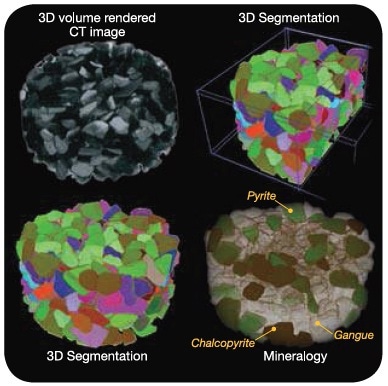 3D segmentation and characterization of Cu ore. Samples scanned in a packed particle bed, 5 mm in diameter. >30,000 multiphase particles can be analyzed rapidly