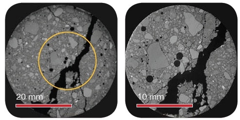 Various images showing 20 µm voxel resolution (40mm FOV) on the left and 10 µm voxel size (20 mm FOV) on the right. Both scans were taken on the same, intact, 50 mm sample