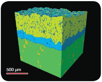 3D surface color-rendered image of a TBC system. Metal substrate (Ni super-alloy) is labeled in green at the bottom; bond coat in light-blue in the middle and top coat in yellow on the top. The blue in the top coat layer represents internal voids or cracks. The orange in Ni super-alloy substrate represents high-Z material segregation.