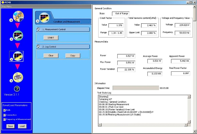 Power measurement display: The power measurement display allows the user to view all the measurement details according to the standard and provides the option to copy the actual test conditions.