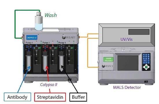 Calypso system hardware set-up with inline UV/Vis concentration detector and DAWN HELEOS MALS detector.