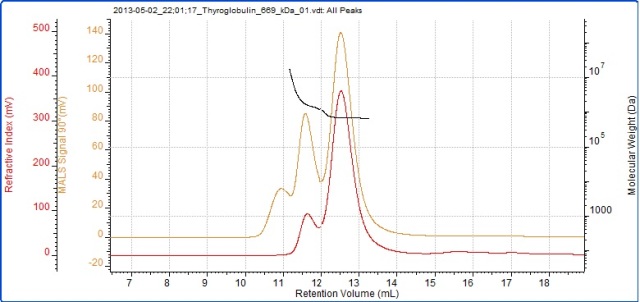 Chromatogram of thyroglobulin showing the refractive index (red) and SEC-MALS (90°) (orange) detector signals. The molecular weight measured by SEC-MALS is overlaid in black.