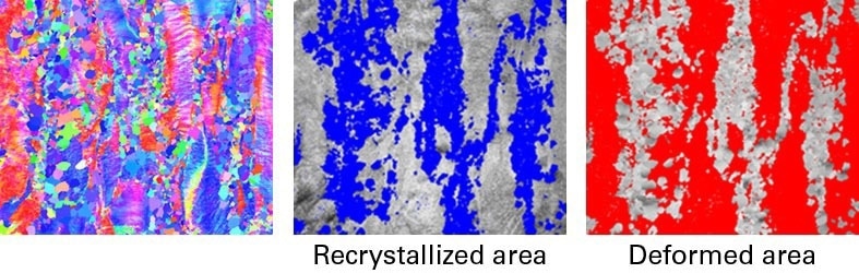 In this partially recrystallized steel sample, the deformed and recrystallized areas can be identified and analyzed individually to better understand recrystallization behavior.