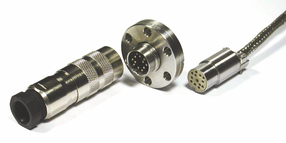 Complete System: Air side connector, feedthrough, vacuum side connector with metal housing and strain relief shown with a shielded in-vacuum cable.