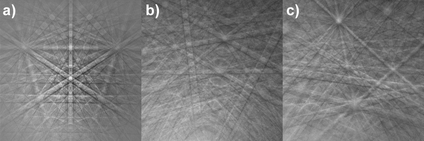 Image Caption: High-quality EBSD patterns collected with Clarity from a) silicon, b) olivine, and c) quartz.