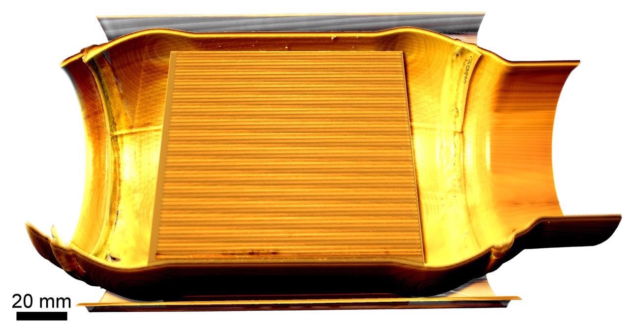 Virtual cutaway view of the interior of an intact catalytic converter.