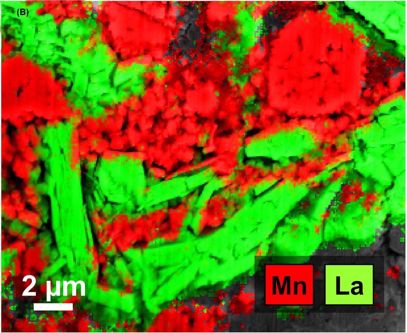 Energy Materials. Lithium-ion battery example, product key featuring cross-sectioning & 3D Tomography and 3D Analysis LiMn2O4 cathode material of a lithium-ion battery. Close-up of cross-section shows surface information on an Inlens SE image A). The distribution of lanthanum (red) and manganese (green) is derived from an EDS map B).