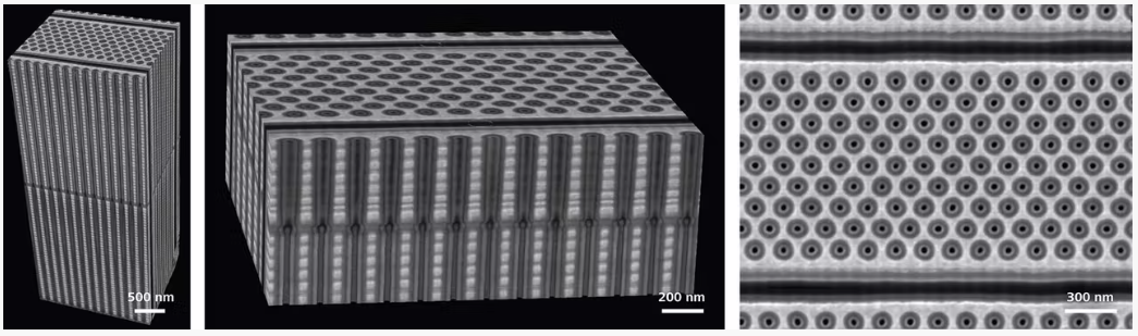 3D-NAND – FIB-SEM Tomography. FIB-SEM tomography dataset acquired from a commercially purchased 3D NAND sample. Sample was depackaged and mechanically polished down to the topmost word line. Data acquisition was done on ZEISS Crossbeam 550 using ZEISS Atlas 3D. Voxel size 4 × 4 × 4 nm3. Left: 3D rendering of the complete 2 × 4 × 1.5 µm3 volume. Middle: Virtual sub-volume of 2 × 1.5 × 0.7 µm3 size, extracted from the dataset at the transition region of upper to lower deck. Right: Single horizontal slice taken from the volume, showing a top-down view of a word line.