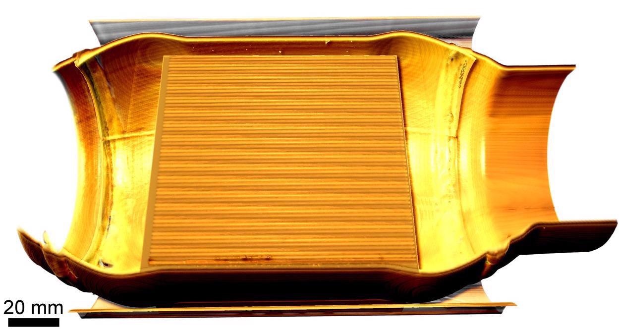 Virtual cutaway view of the interior of an intact catalytic converter.