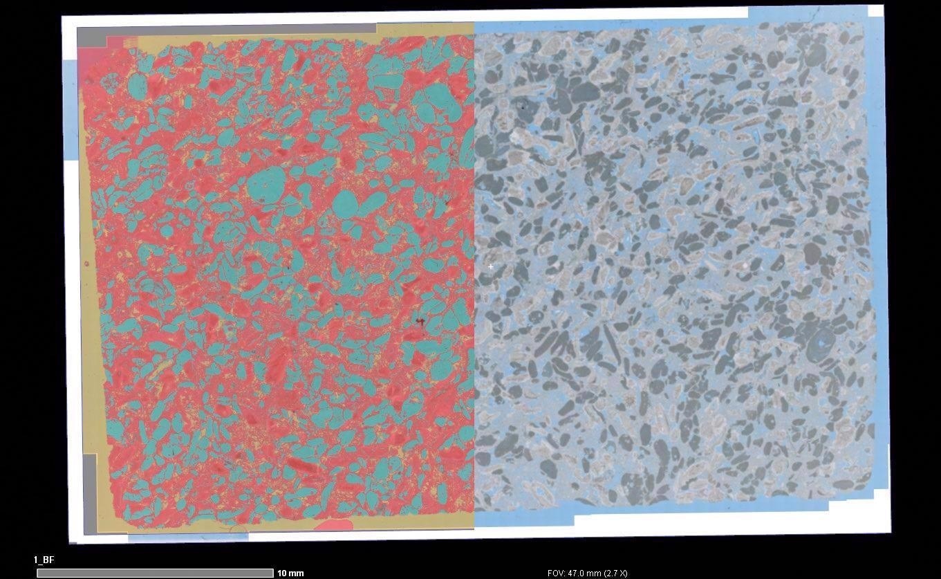 Overlay of macroscopic segmentation (left) and automated light microscopy image (right) showing the microporosity and microporous grains.