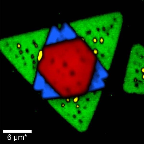 Raman image of tungsten diselenide (WSe2) recorded at 120K. Areas with one (green), two (blue) and three (red) layers were clearly identified from their Raman spectra.