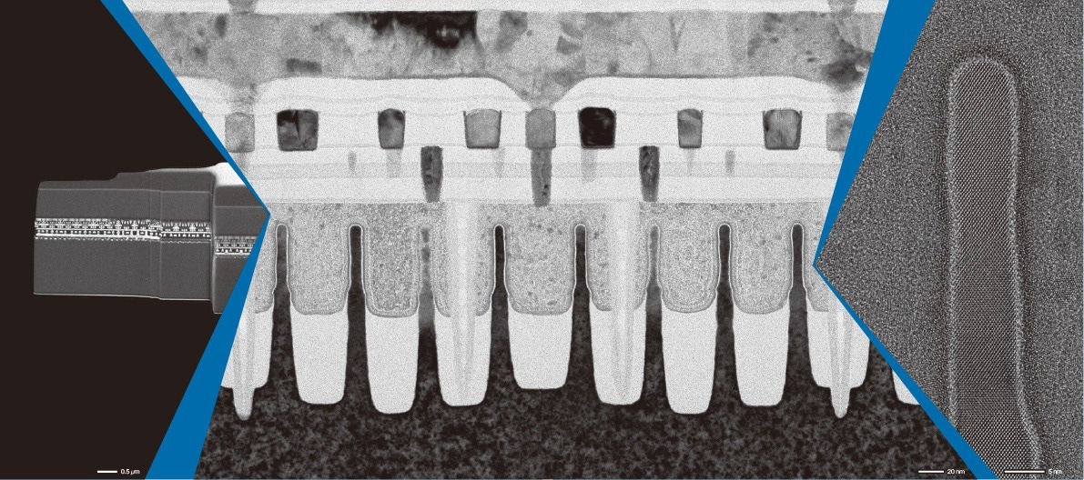 Specimen: 5 nm design rule semiconductor device (FinFET) Observation conditions: (Left) Accelerating voltage 2 kV, Detector SED Secondary electron image, (center and right) Accelerating voltage 200 kV, TEM image, Instrument: JEM-ARM200F.