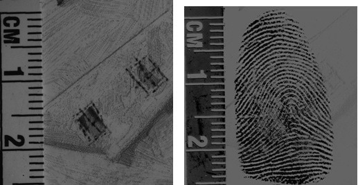 Left: Fingerprint on greeting card captured in Visible light. Right: Same Sample processed with fluorescent powder, illuminated with 535 nm and captured with 600 nm bandpass camera filter on the SceneScope RUVIS UHD Camera.