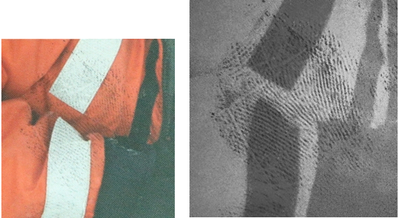 Left: Black powder print illuminated and captured in Visible light by a generic digital camera (what the human eye would see). Right: Same Sample illuminated at 630 nm and captured with the SceneScope RUVIS UHD using a LP715nm camera filter.