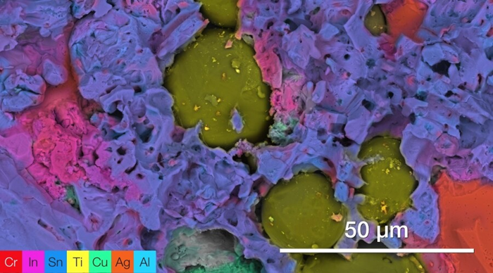 ChemiSEM image of dental filling material, showing a mixture of Hg, Cu, Sn and Ag.