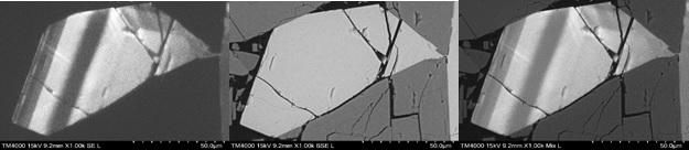 Sample : Coarse grained Syenite with alkali feldspar Left : CL image  Middle : BSE image  Right : Mixed CL and BSE