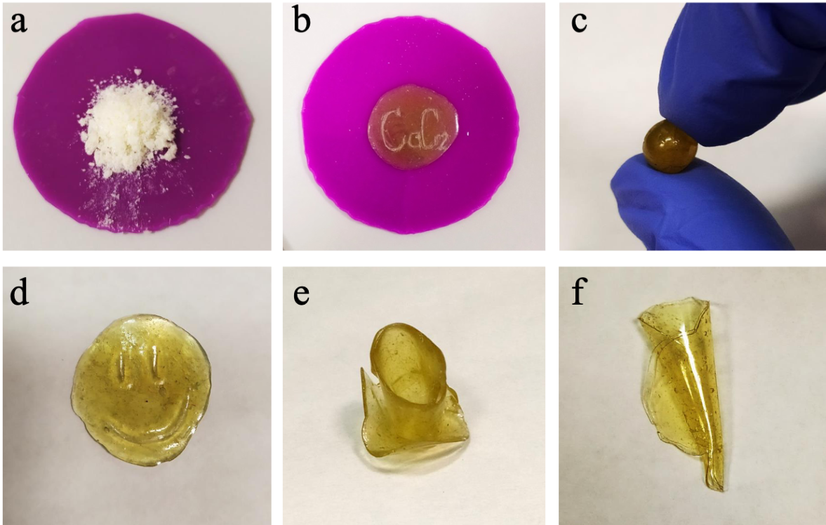 Mechanical treatment of mitranol-based polymers: (?) primary polymer as white powder; (b) melted polymer, (c-f) various forms of the polymer after being melted repeatedly.