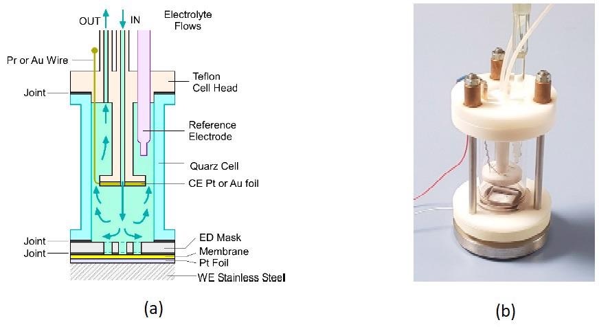 Presentation of the ED cell: (a) descriptive scheme of its working principle; (b) picture of the ED cell, the overall height of the mechanical structure is about 17 cm.