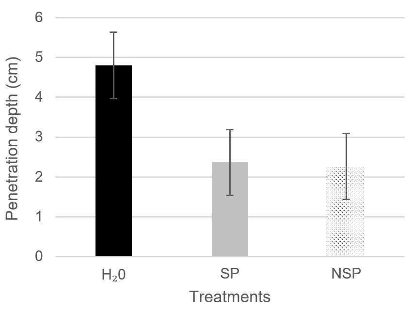 Average penetration depth of water under pressure in water-, SP- and NSP-treated recycled concrete specimens.